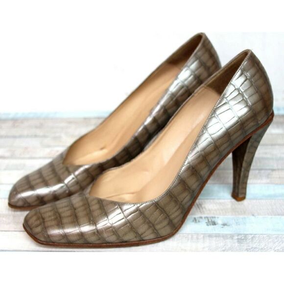 EMPORIO ARMANI PEARL BEIGE CROCO GENUINE LEATHER HIGH HEEL PUMP SHOES 38.5 8.5 - Picture 6 of 10